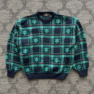 Vintage Givenchy Sweater Men's Large Blue Knit Geometric Plaid 90s